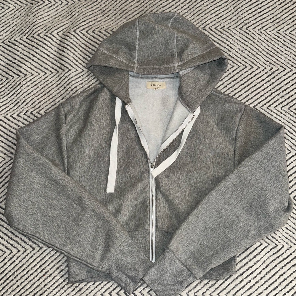 LABIJOU Gray Zip-Up Hoodie with White Drawstrings